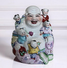 Chinese Porcelain Asian Laughing Happy Buddha W  5 Children 6  Tall X 5  Wide
