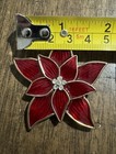 Vintage Poinsettia Flower Brooch Pin Enameled Rhinestones Christmas Holiday Euc