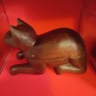 Hand Carved Cat Dark Brown Wooden Vtg Folk Art Large Trinket Box 9 1 2  X6  X4 
