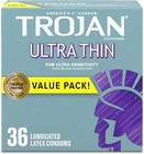 Trojan Ultra Thin Condoms For Ultra Sensitivity  Lubricated  36 Count Pack
