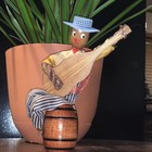 Vintage Wooden Musician Doll Figurine On Barrel W  String Instrument 8in