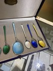 Beautiful Vtg Sterling Silver Guilloche Enamel Ela Denmark Antique 7 Spoons Set