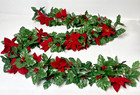 Vintage Green Plastic Red Holly   Poinsettias Christmas Garland Mid Century 70   