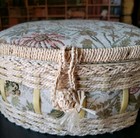 Vintage Floral Cloth  Wicker Basket Handled Sewing Box 9 X 7 X 4  With Contents 