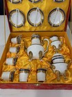 Yau Shing  ys  Laurel Shield Fine Porcelain Blue Gold Demitasse 17 Pc  Tea Set