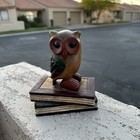 Hand Carved Wooden Owl On Books-vintage- Made In Thailand - Paperweight