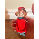 Vintage Red Felt Knee Hugger Elf Christmas Ornament Plastic Face Mid Century