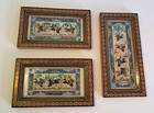 3 Vintage Persian Miniature Painting Khatam Marquetry Frame Hunting Chovgan Art