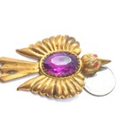 Vintage Bird Figural Brooch Pin Purple Stone Red Eyes Statement Lapel Brooch