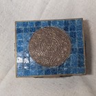 Vtg Brass   Blue Stone Mosaic Aztec Sun Calendar Hinged Trinket Box Mexico
