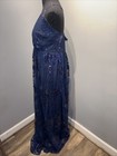 Prom evening Gown Navy Lace Sheer Sequins Spaghetti Strap Deep V-neck Szl Lined