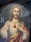 Antique 1920s Art Deco Reverse Painted Sacred Heart Of Jesus Framed Print 14x18