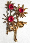 Vintage Art Deco 30s Red Rhinestone Long Stem Flower Pin Gold Tone Pat  Brooch