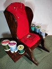 Wooden Rocking Chair Red Velvet Pin Cushion Thread Holder With Extras Vintage