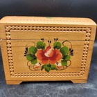 Russian Wooden Box Hand Painted Pink Rose Carved Border Hinged Lid Vtg 2003