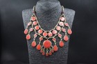 Vintage Afghan Alpaka Necklace  Red Enamel Tassels Costuming  Necklace 