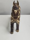 Antique Hand Carved Wooden Armored Horse Hammered Brass Marble Inlay Vintage 
