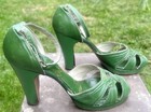 Rare Vintage 1930 s Green Leather Platform Shoes Sandals