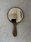 Vintage Victorian Porcelain Hand Mirror Painted Cherub Scene W  Brass Handle  b9