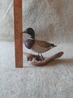Vintage Carved Wood Miniature Mallard Duck Decoy On Driftwood Base Signed Of Hef
