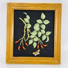 Vintage Crewel Embroidered Picture Rose Hips Butterfly Framed Wood Art 9 5x8 5