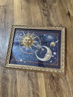 Vintage Celestial Sun Moon Zodiac Framed Cross Stitch Completed