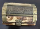 Camel Bone Jewelry Trinket Box  Brass Inlay Hinges Clasp 5  Velvet Lined Vtg