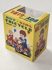 Vintage 1950s Japan Tin Litho Wind-up Boy   girl  boy  Tricycle Original Box B11