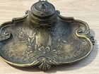 Antique C1900 European Brass Inkwell  Scrolled Repousse Decoration  W 16 2 Cm