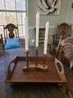 Vintage Three-arm Wooden Candelabra Polished Brass Candle Cups