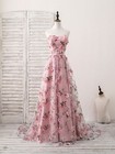 Pink Tulle Prom Dress Long   Sweetheart Neck 3d Applique Evening Gown