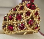 Pristine Crown Trifari Red Crystals Domed Goldtoned Ring  Adjustable Size 4 5-7