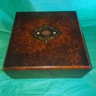 Beautiful 19th C  Antique Burl Wood Box  Inlaid Top  Fabric Lined  Sewing Pins