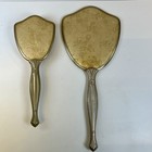 Vintage Art Nouveau Vanity Brush   Mirror Set Gold Floral Fabric Back Nylon
