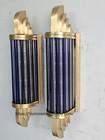 Pair Art Deco Brass Wall Sconce Blue Glass Tube Light Vintage Style Fixture Lamp