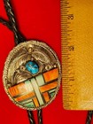 Vintage Sterling Silver Bolo  Turquoise    Spiny Oyster Inlays  Signed Bj