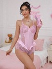 Pink Satin   Sheer Lace Open Crotch Multilayer Teddy Bodysuit Lingerie L New