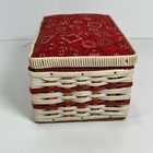 Vintage Paisley Red   White Wicker Sewing Basket Box Filled With Vtg Supplies