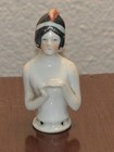 Antique German Porcelain Half Pin Cushion Doll Flapper Lady W Headband Feather