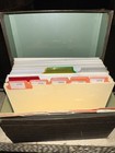 Vintage Green   Faux Wood Cover Metal Recipe Box Card File Tabbed Dividers Index