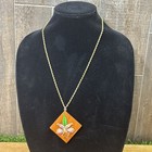 Very Rare Vintage 1950s West Germany Wood Acrylic Floral Pendant Gold Tone