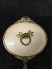 Vintage Handheld Oval Vanity Mirror With Ornate Brass Handle And Cream Backing
