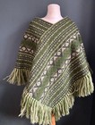 Vintage 1970 s Poncho Cape Hand Woven Wool Blend Greens W Fringe Guatemala