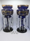 Defective Antique Victorian Pair Cobalt Blue Bohemian Glass Lustres W Pr G3d