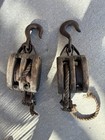 Antique Maritime Wood   Iron Rope Pulley Blocks W  Hooks  Pair  set Of 2 
