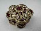 Vtg Enameled Cast Metal Jeweled Swirl Trinket Pill Lidded Box Gold Red Beautiful