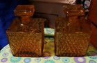Vintage Amber Square Decanters With Stoppers Set Of 2 Diamond Point - 5  Tall
