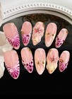 Reusable Medium Almond Press-on Nails Pink White Gold 3d Floral Adhesive
