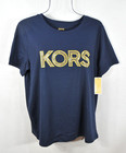 Michael Kors Womens Blouse L Navy Blue Crystal Studded Mk Logo Shirt Top Nwt