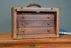 Antique Wood Machinist Chest Tool Box Vintage Leather Handle Jewelry Hardware